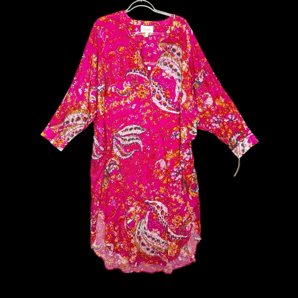 Cleobella Rohita Kaftan Dress‎ Pink Midi Shift Floral Cotton Size L NO BELT Pink - Picture 2 of 12